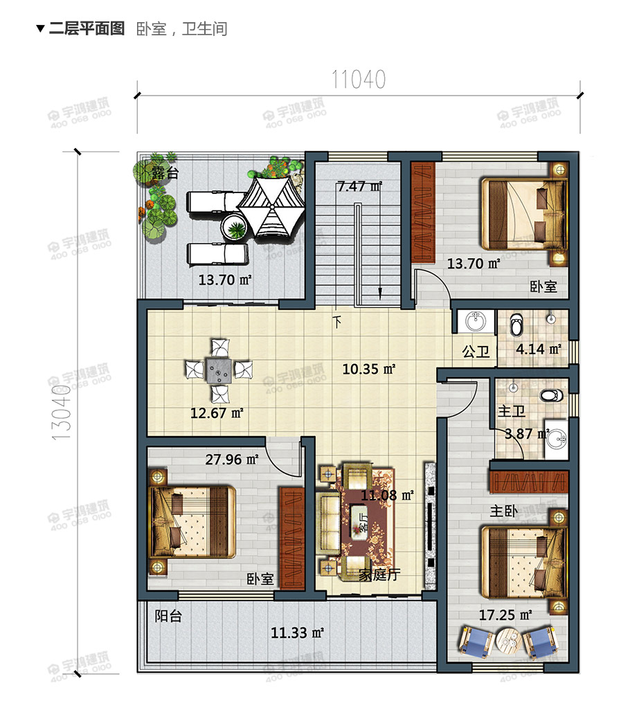 11x13米現代風格農村二層小別墅設計圖
